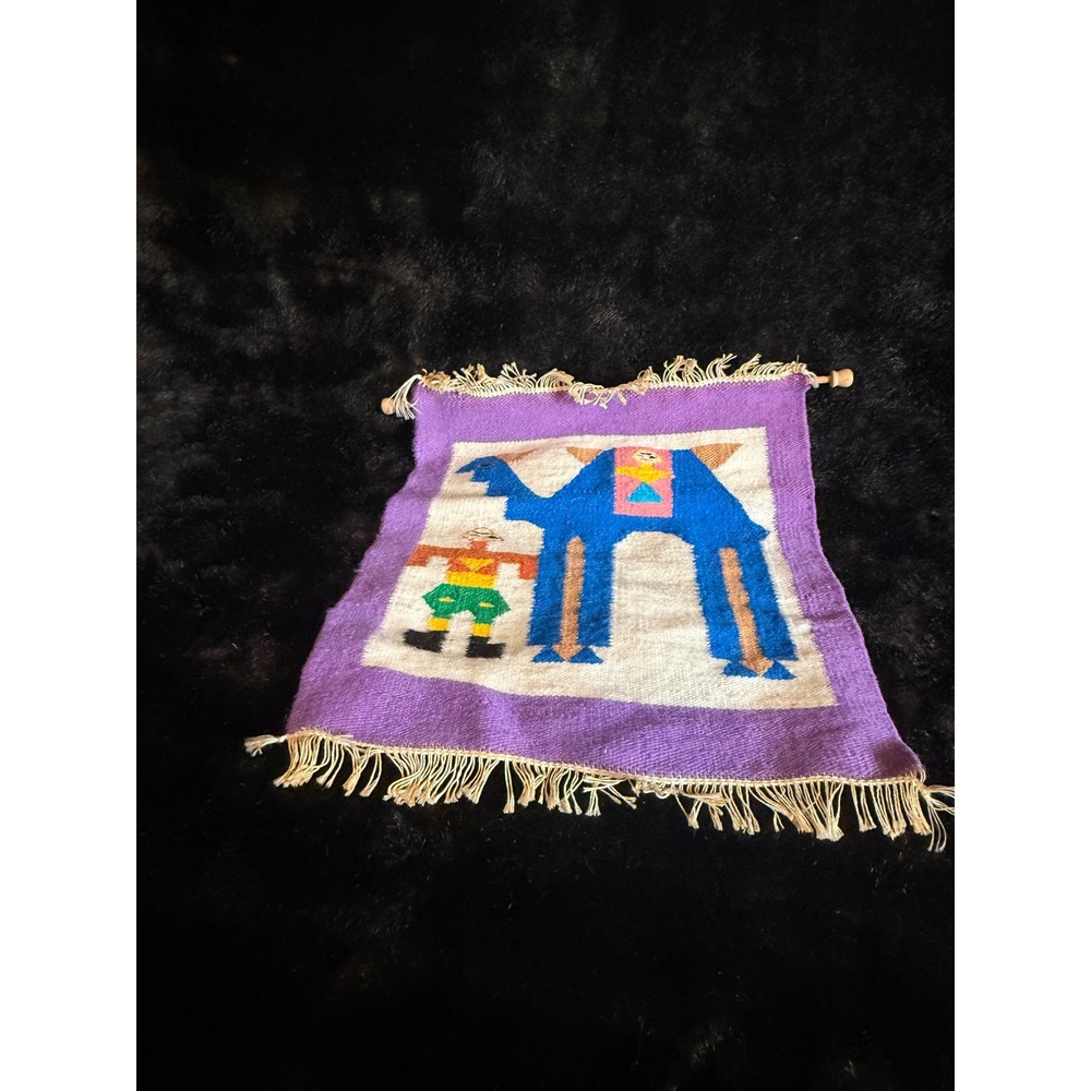 Vintage Hand woven Aztec Camel thick wool - linen tapestry 15x14